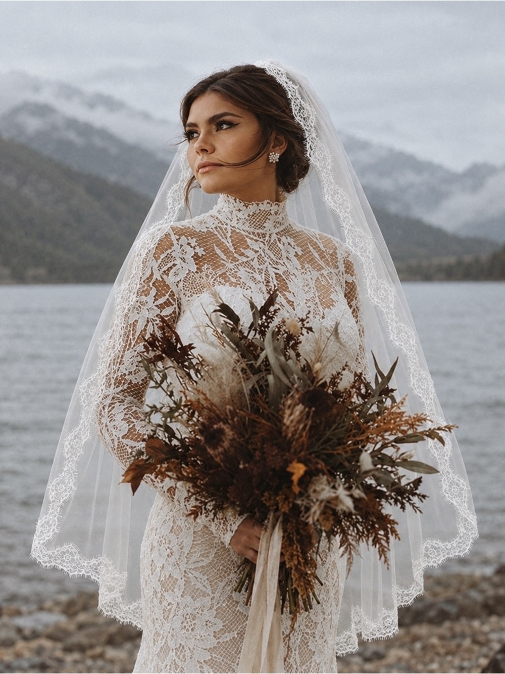 L&T Couture 36” Light Ivory Mantilla Wedding Veil Chantilly Lace NWT Bridal